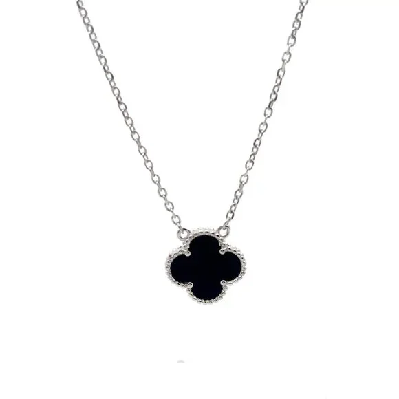 925 Sterling Silver Necklace 17 inches Chain Black Agate Clover Pendant - Picture 4 of 5